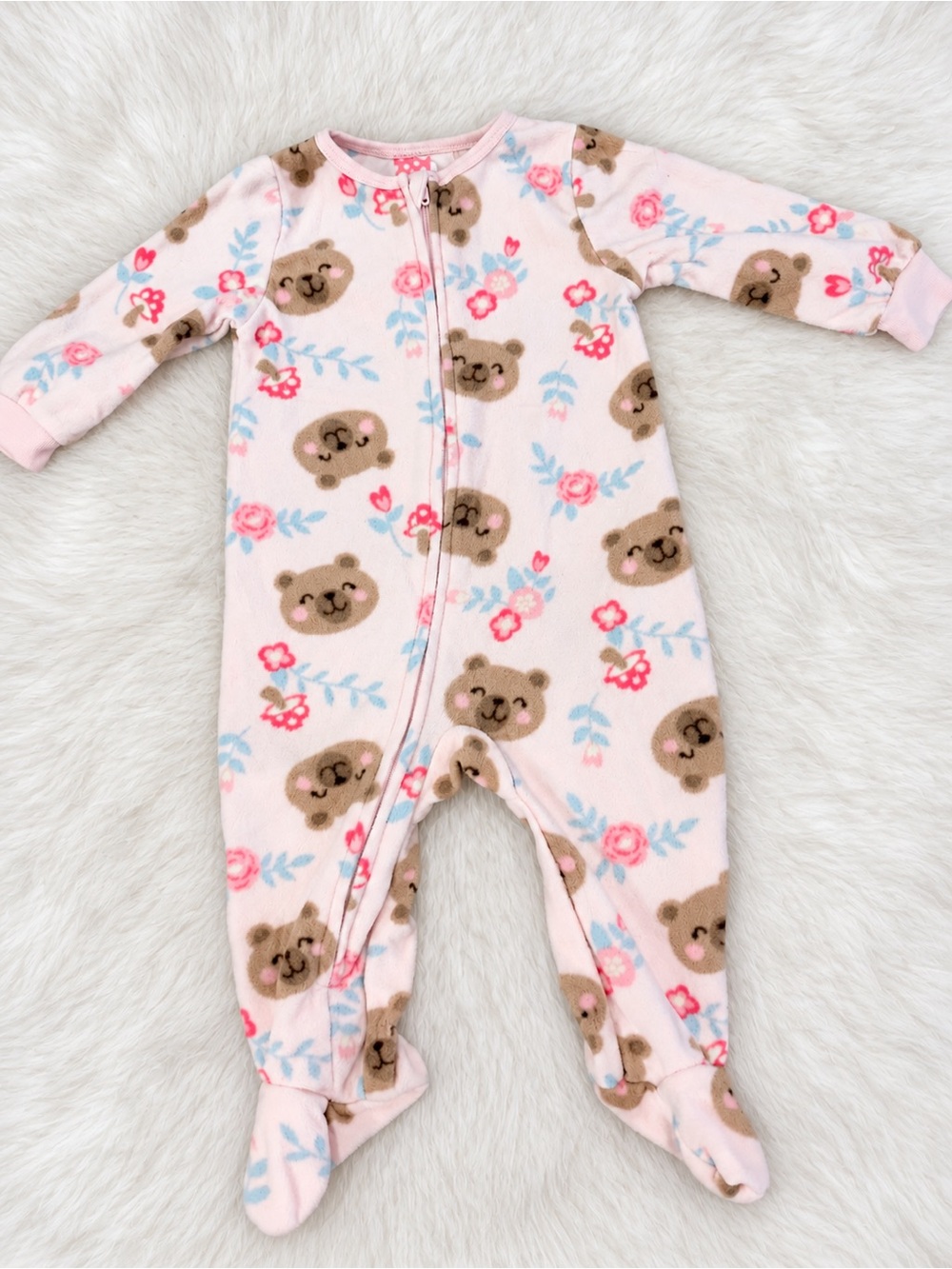 Kids Headquarters Pink Bear & Floral Footed One-Piece